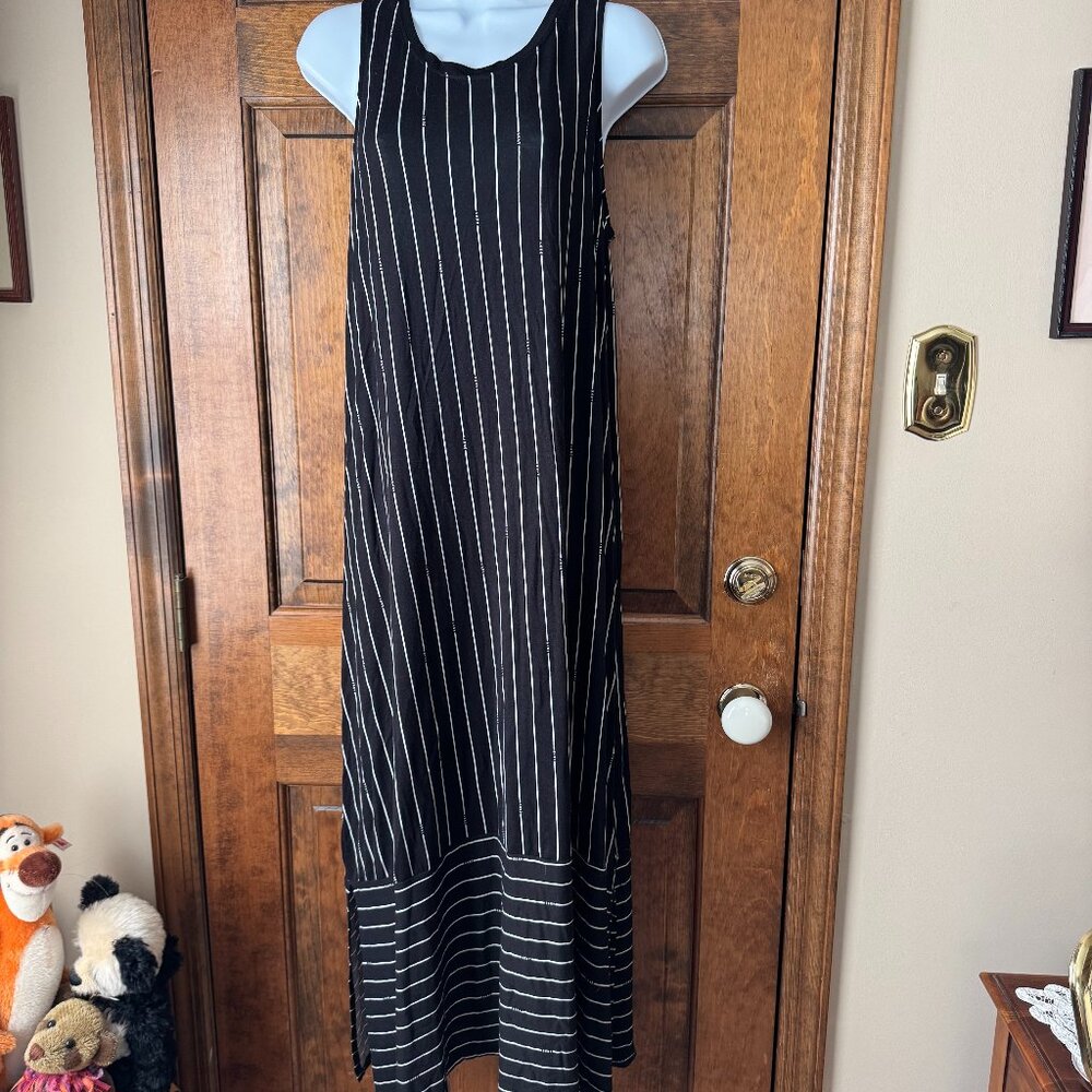 DKNY Black w/White Logo Pinstripes Maxi Tank Dress Medium